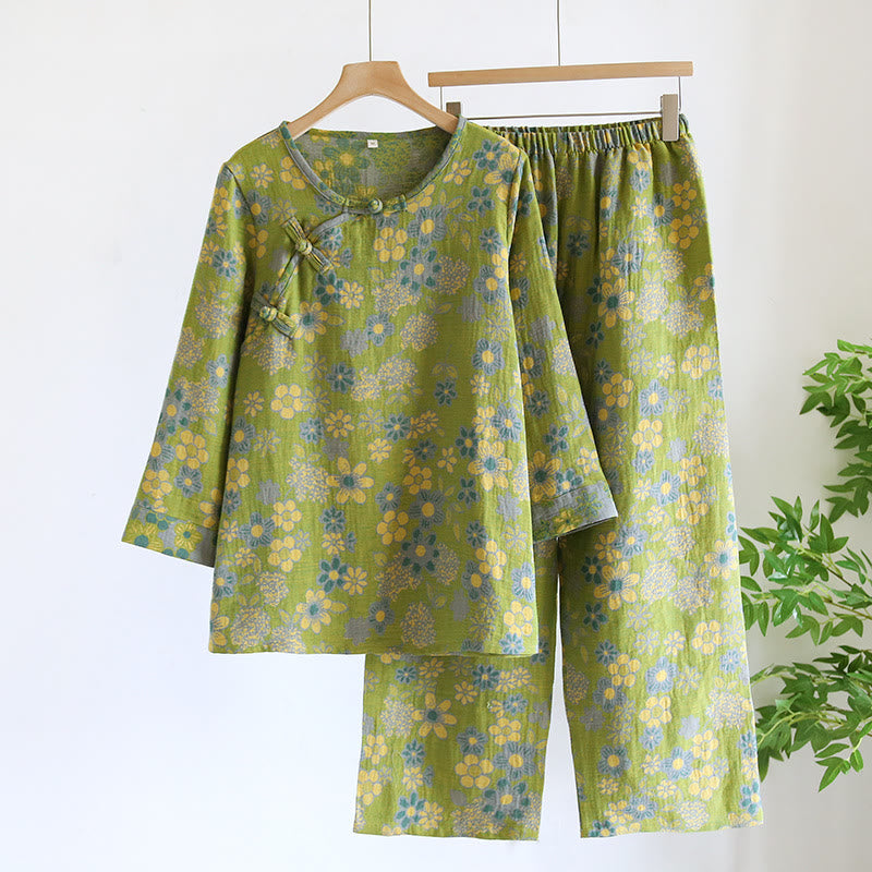 Ensemble de nuit en pur coton teint en fil à motif floral - Vert - XL - image 9