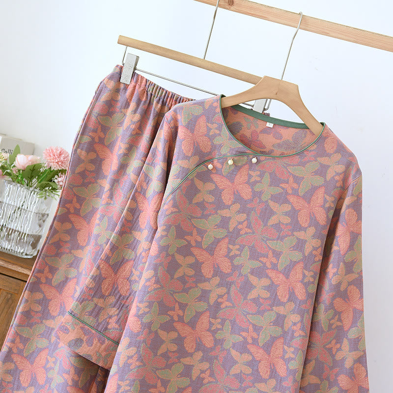 Ensemble pyjama en gaze de coton avec papillon jacquard