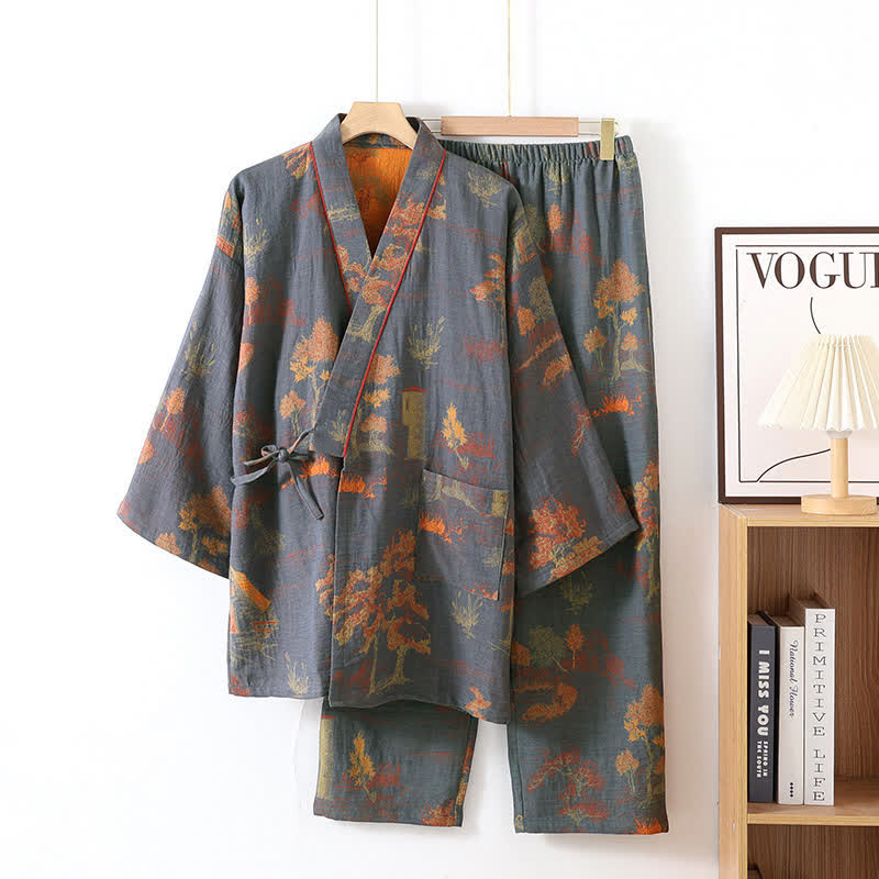Ensemble kimono pyjama en coton neutre à motif paysage - Gris Bleu - XL - image 11
