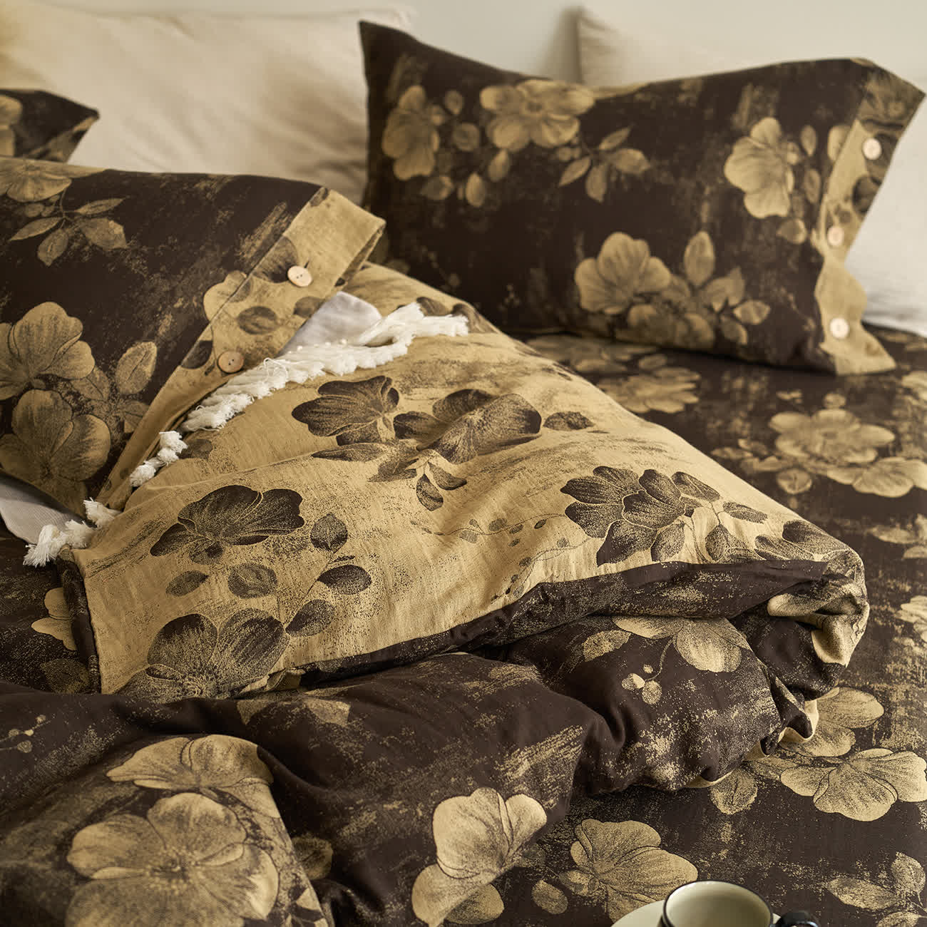 Parure de lit en gaze de coton teint en fil avec boutons (4 pièces)