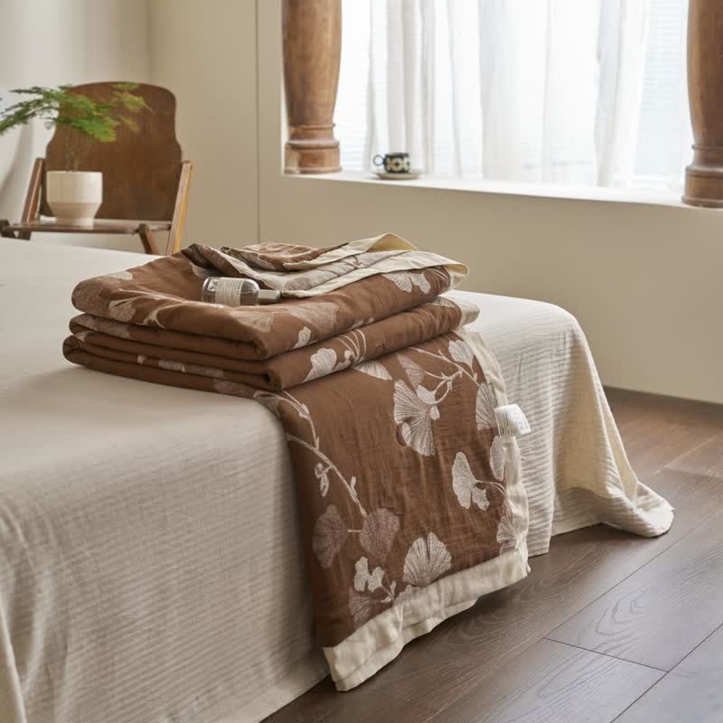 Couette double couche en coton à base de feuilles de ginkgo