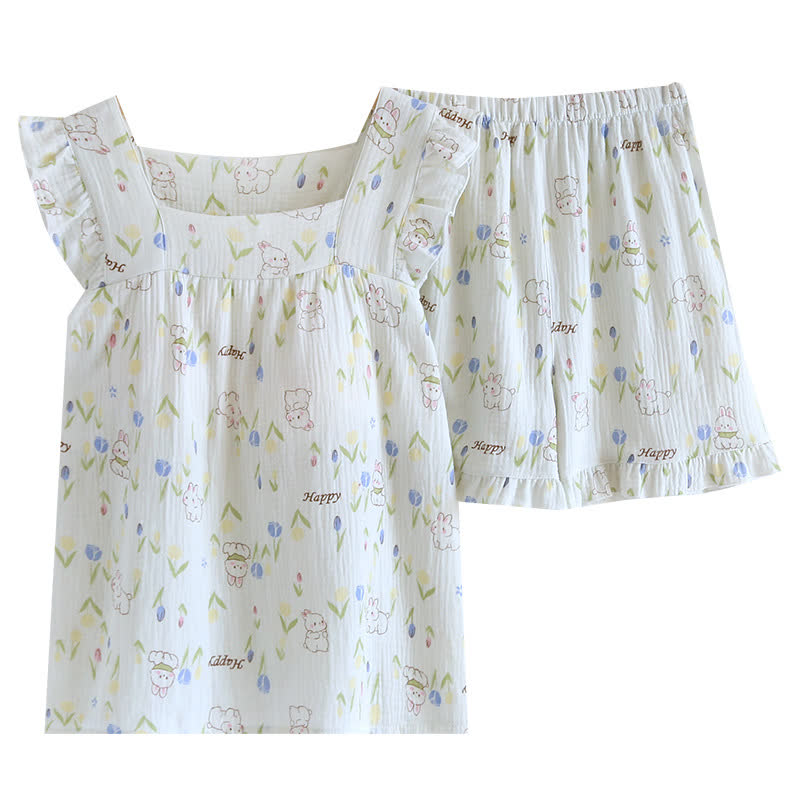 Ensemble de vêtements de détente à manches flottantes et imprimé lapin floral