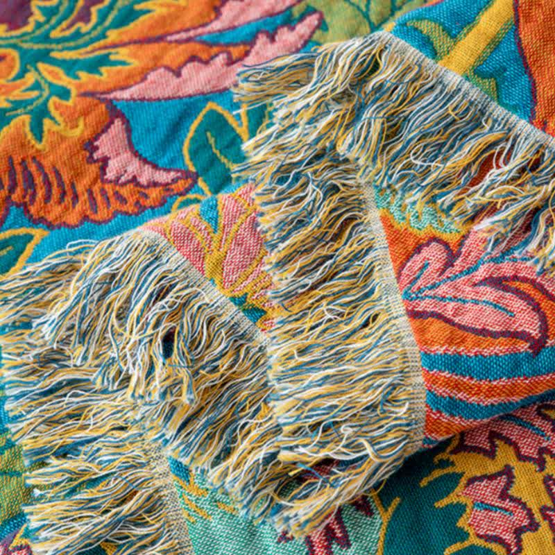 Couverture coquelicot en coton naturel avec pompons