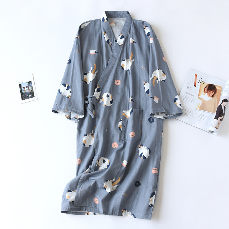 Peignoir kimono assorti en gaze de coton à motif chat - bleu foncé - Hommes - L - image 14