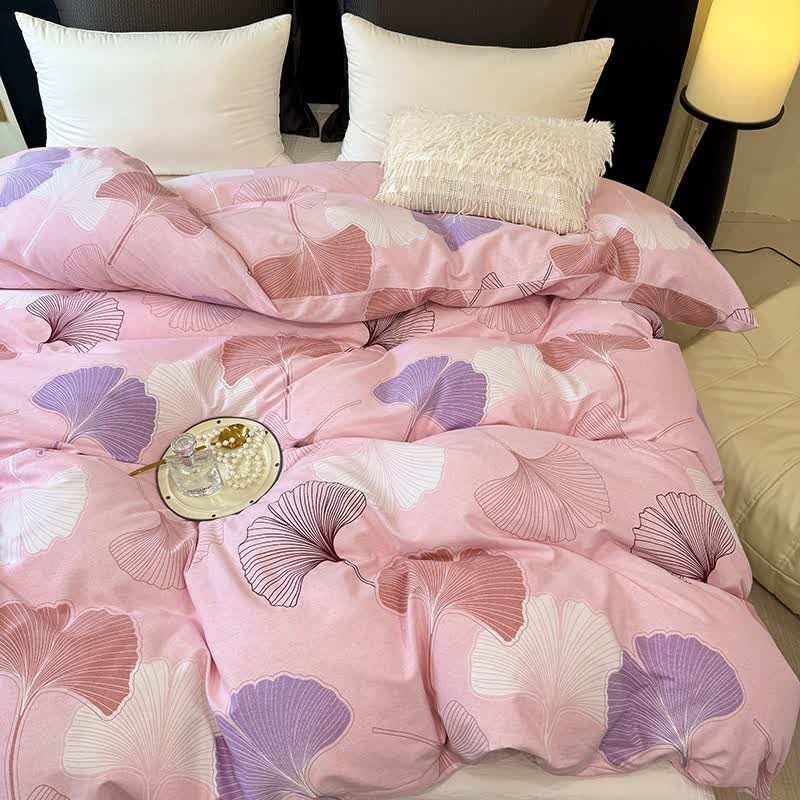 Parure de lit Ownkoti en coton brossé avec feuilles de ginkgo, rose - image 1