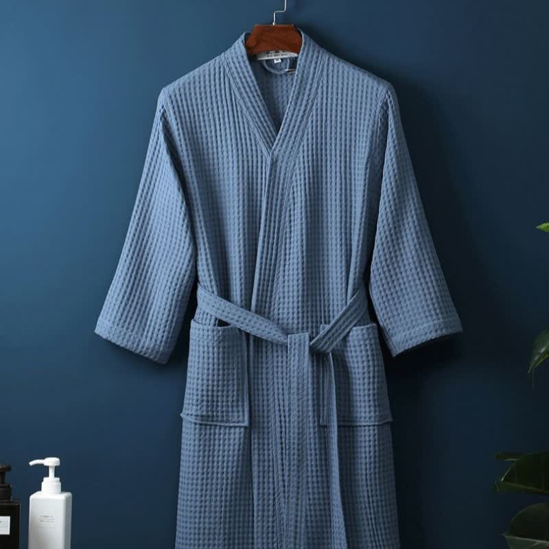 Peignoir en coton uni, simple et à col en V - Bleu - XL - image 9