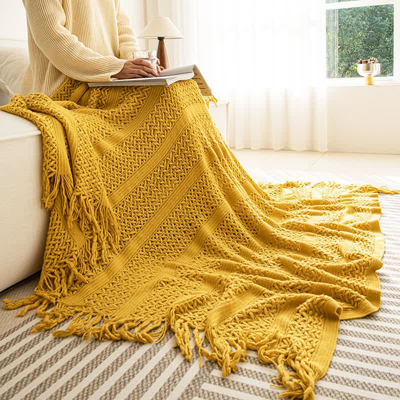 Couverture à torsades géométrique unie Ownkoti - Jaune - 130 cm x 230 cm - image 11