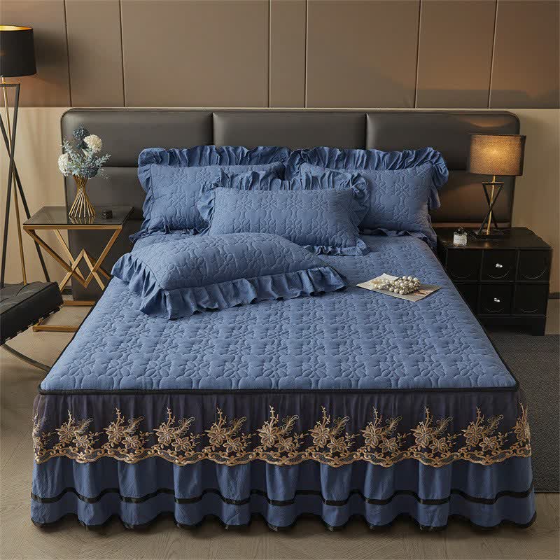 Drap matelassé Ownkoti avec jupe de lit amovible - bleu royal - Jupe de lit, drap-housse et 2 taies d'oreiller - 200 cm x 220 cm - image 9