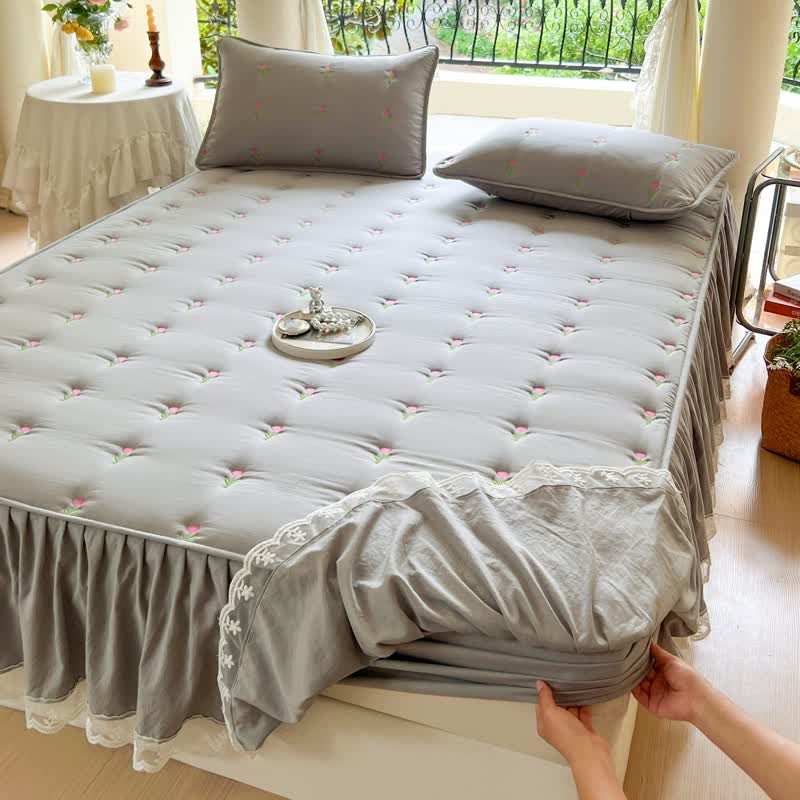 Drap de lit Ownkoti brodé de tulipes - Gris - 2 taies d'oreiller - 48 cm x 74 cm - image 9