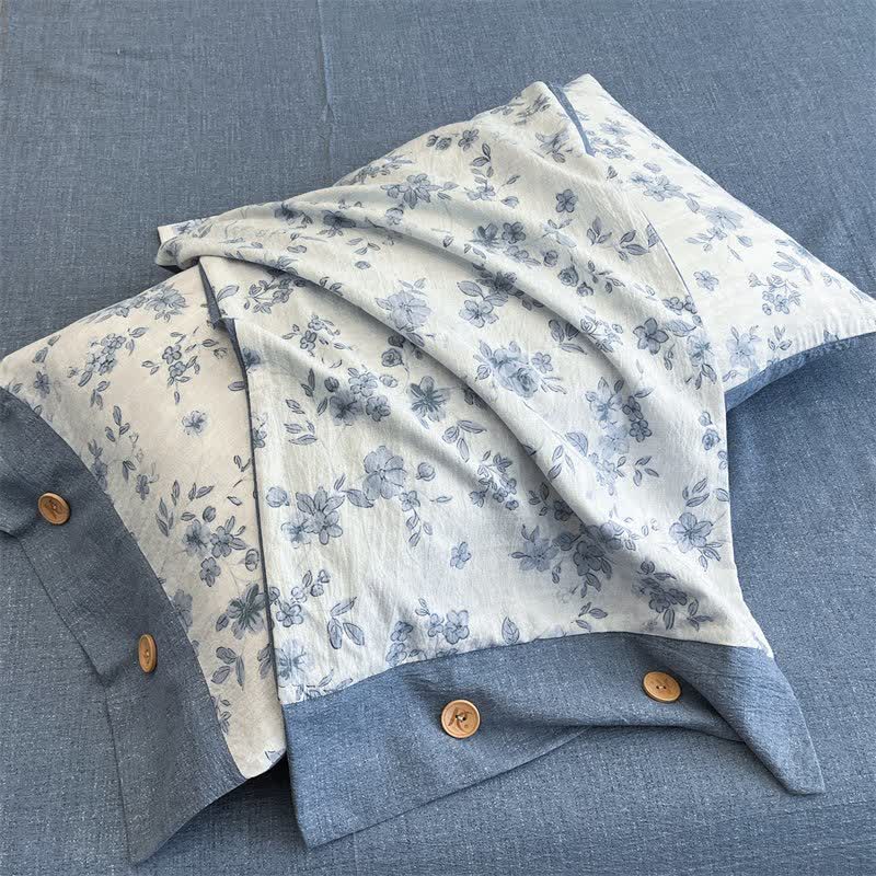 Ensemble de literie à motif floral bleu, en lin et boutons (4 pièces) - image 5