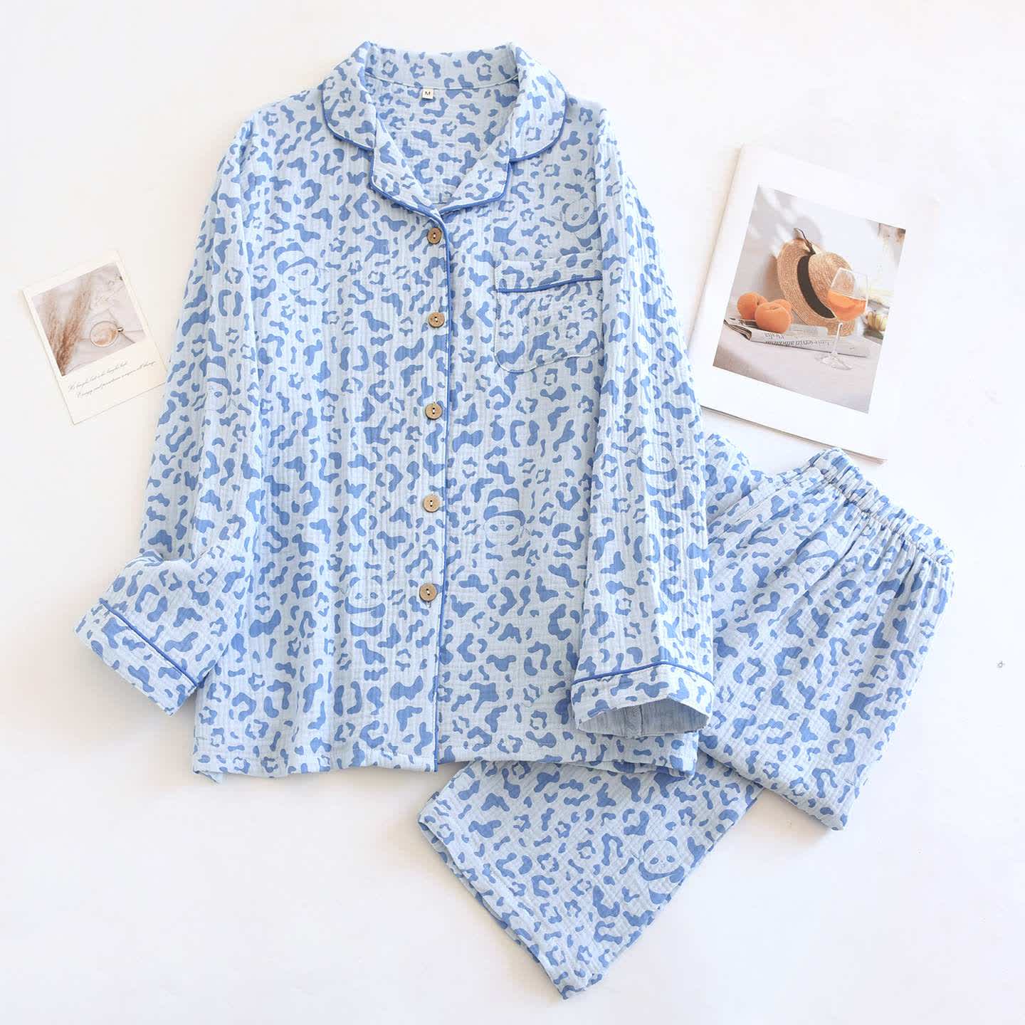 Ensemble de vêtements d'intérieur en coton à imprimé léopard aux couleurs douces - Bleu - XL - image 13