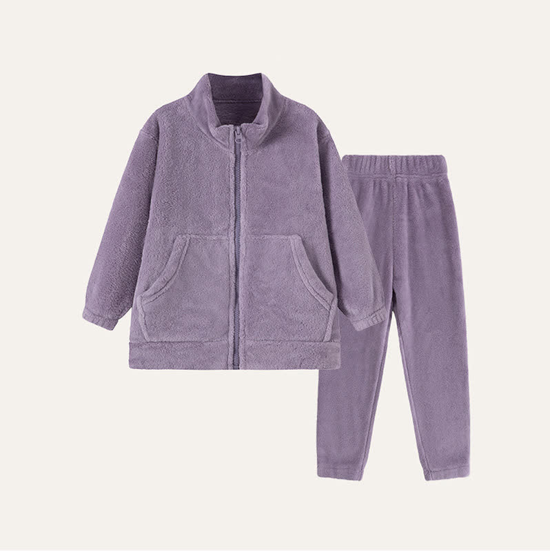 Ensemble de vêtements d'intérieur en peluche unie pour enfants avec fermeture éclair - Violet - Enfant : 170 cm - image 9