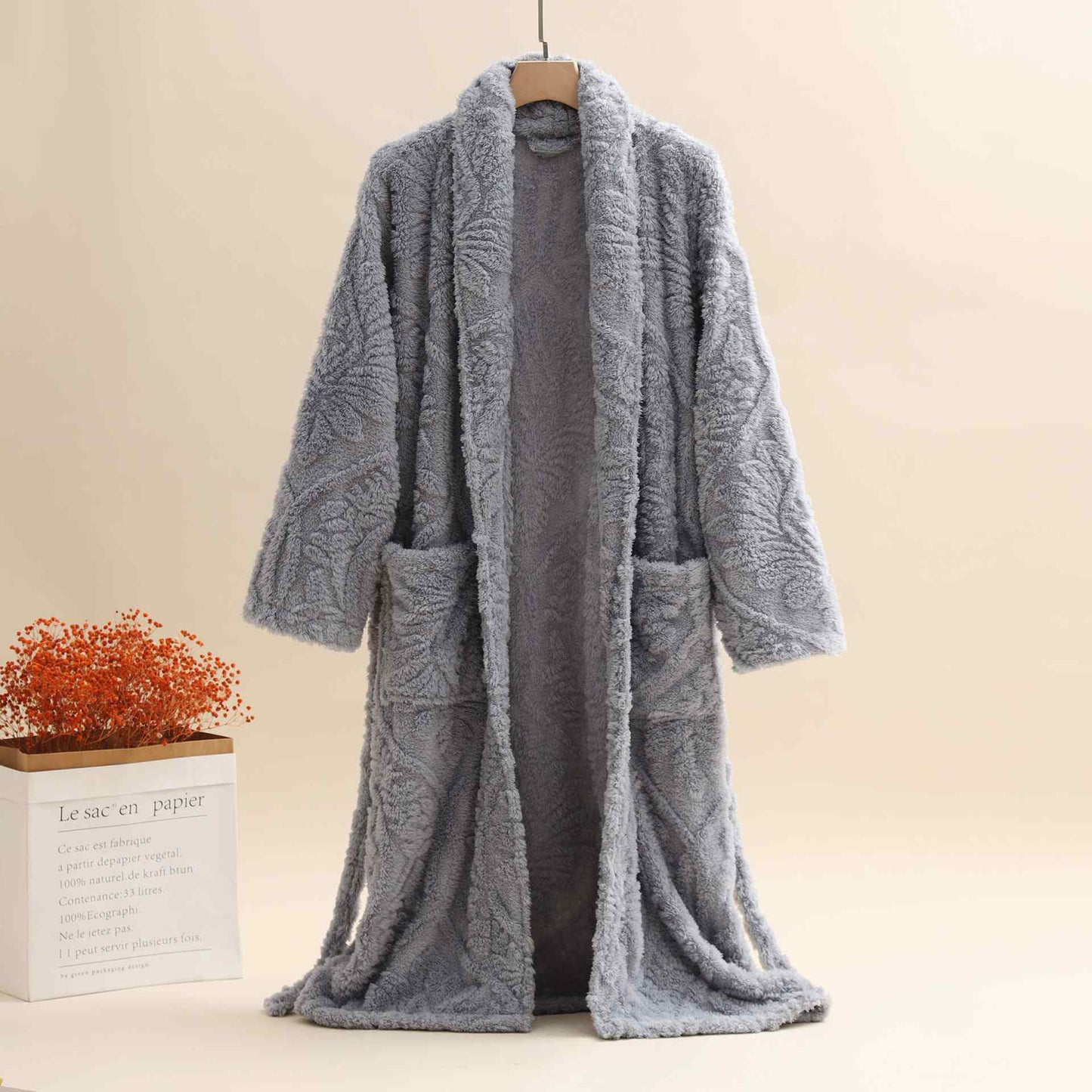 Peignoir chaud unisexe rétro en jacquard peluche - Gris - XL - image 5