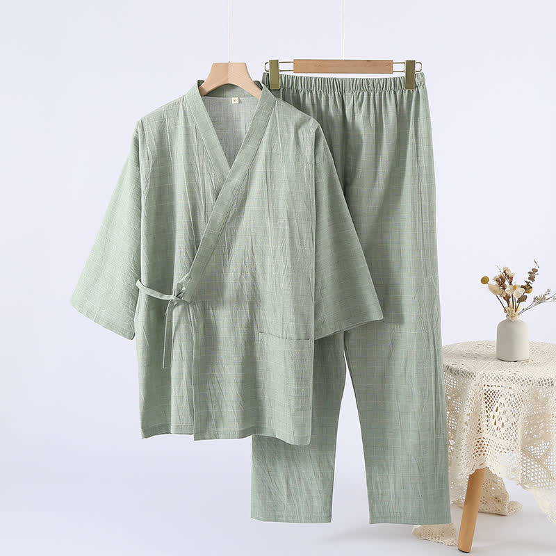 Kimono d'intérieur en gaze de coton à carreaux discrets - Vert - XL - image 10