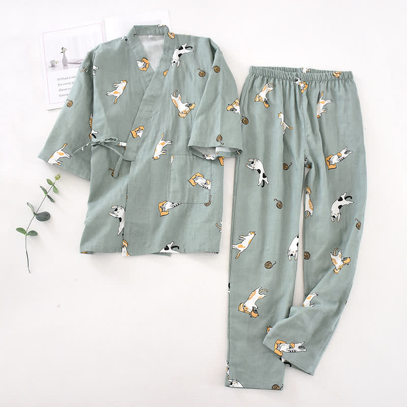 Kimono assorti en coton à motifs de chats - vert foncé - Hommes - L - image 18