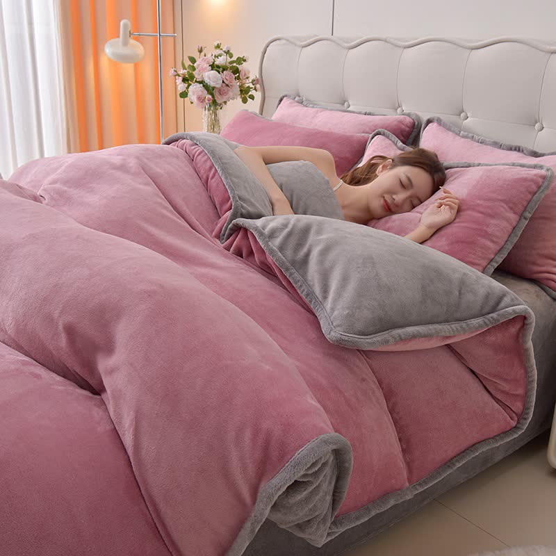Ensemble de literie réversible en peluche unie - Rose et gris - ensemble de literie - 220 cm x 240 cm - image 7