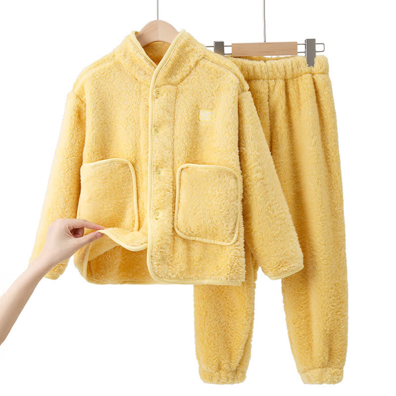 Ensemble de vêtements d'intérieur en peluche pour enfants avec boutons de couleur unie - Jaune - Enfant : 170 cm - image 14
