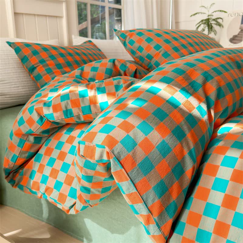 Ensemble de literie en pur coton à motifs à carreaux - Orange et vert - ensemble de literie - 220 cm x 240 cm - image 10