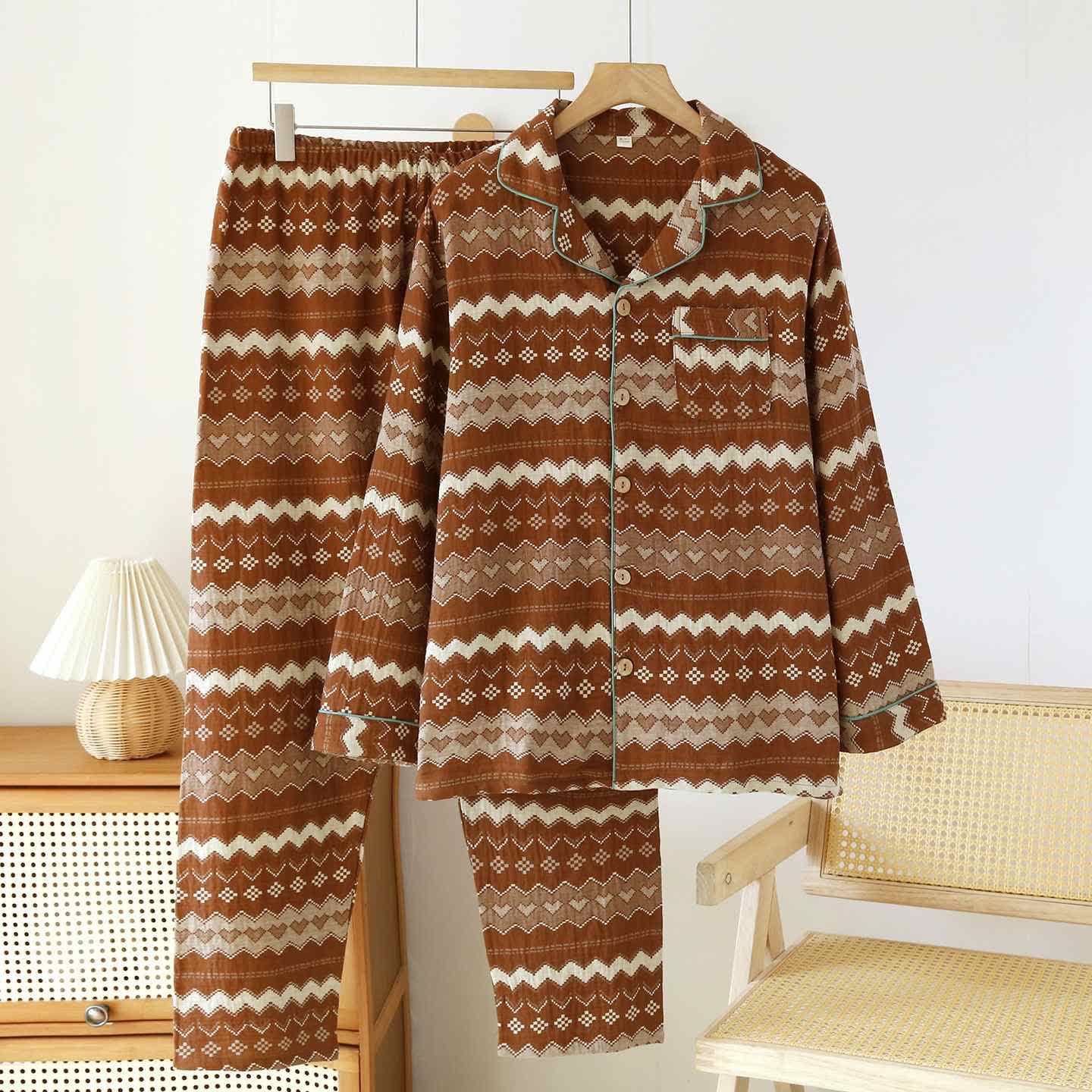 Ensemble de vêtements d'intérieur vintage en coton à vagues pour couples - Hommes : Marron - XL - image 14