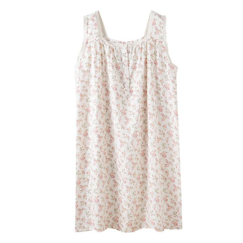 Chemise de nuit sans manches en pur coton à motif floral rose - image 8