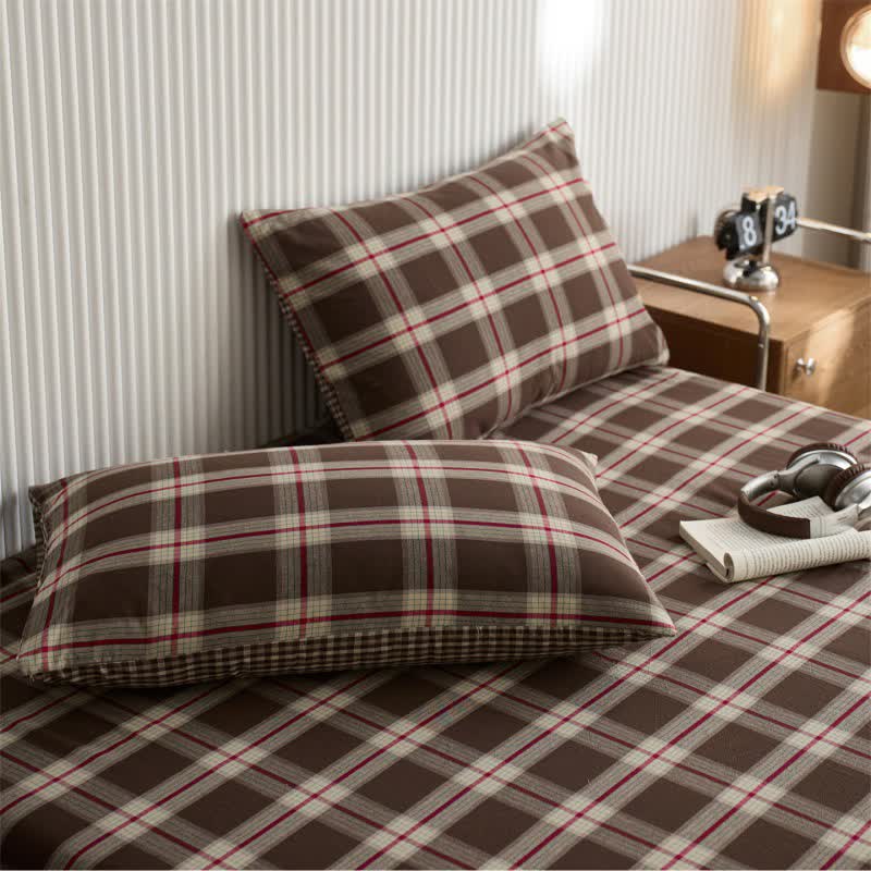 Drap de lit classique en coton à grands carreaux - Café - 2 taies d'oreiller - 48 cm x 74 cm - image 7