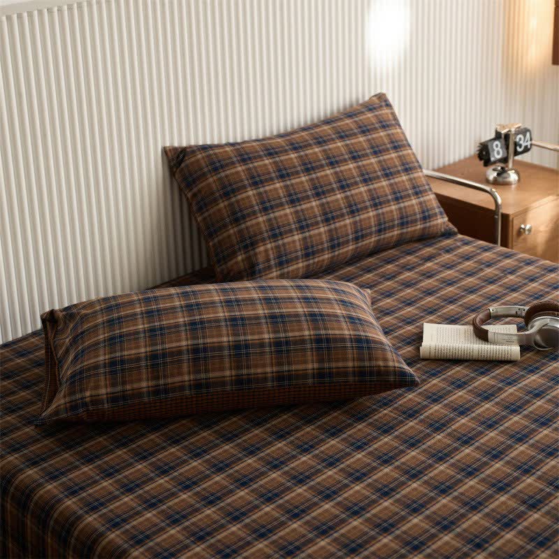 Drap-housse/couvre-lit classique vintage en coton à carreaux - Bleu marine et marron - 2 taies d'oreiller - 48 cm x 74 cm - image 7