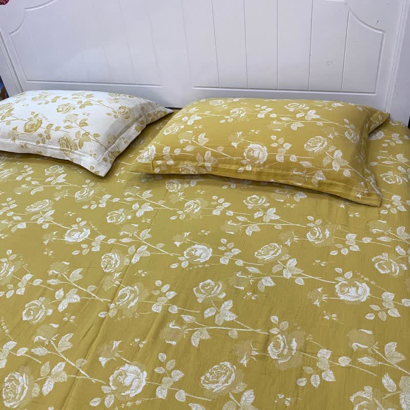 Drap-housse réversible en coton à motif de roses jaunes - 2 taies d'oreiller - 48 cm x 74 cm - image 4