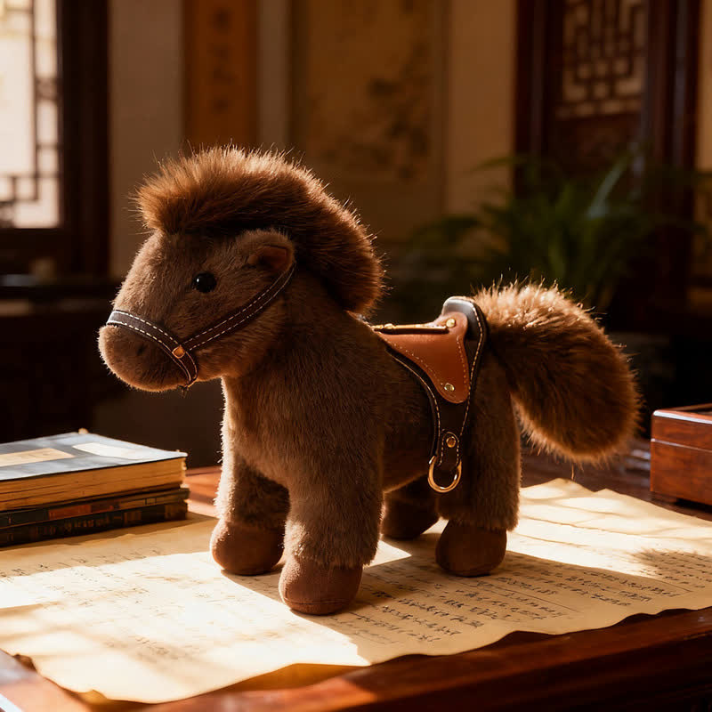 Poney en peluche réaliste avec selle en similicuir - Café - 2 pièces - 30 cm - image 11