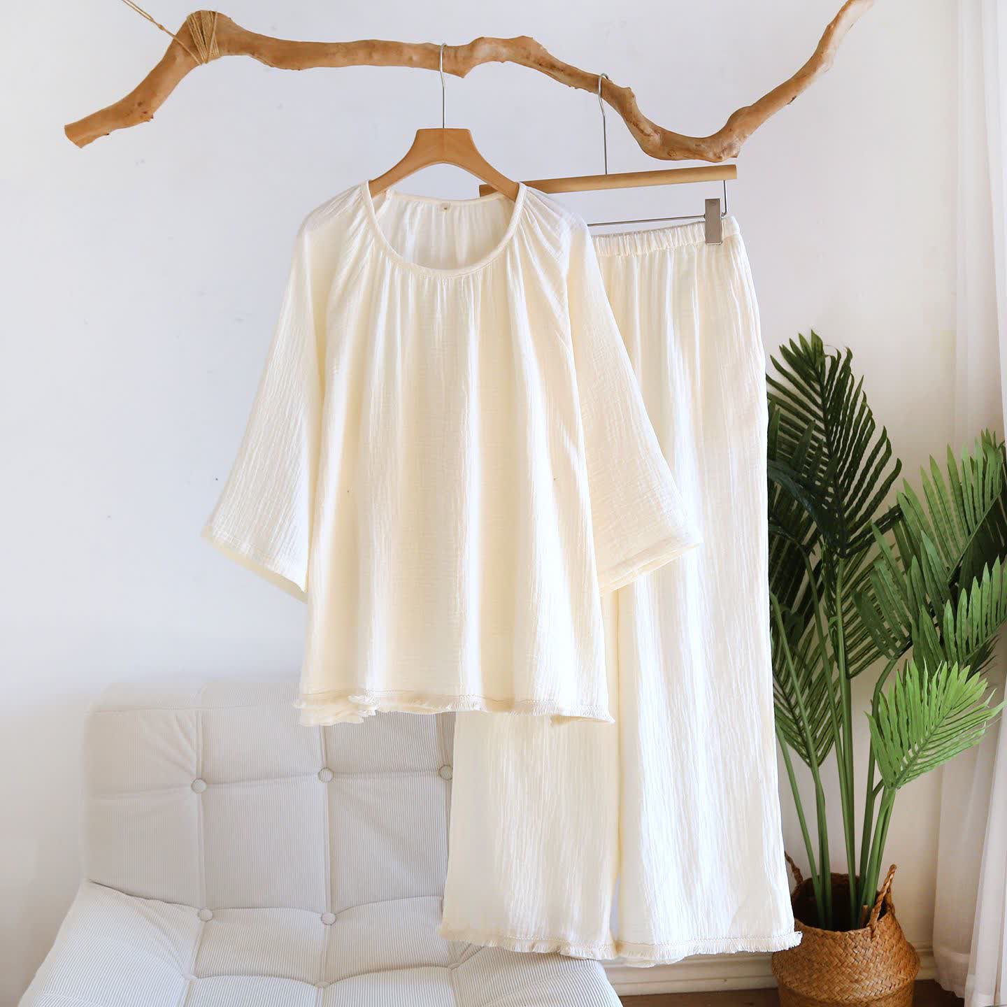 Ensemble de vêtements d'intérieur minimalistes unis en coton - Beige - XL - image 16