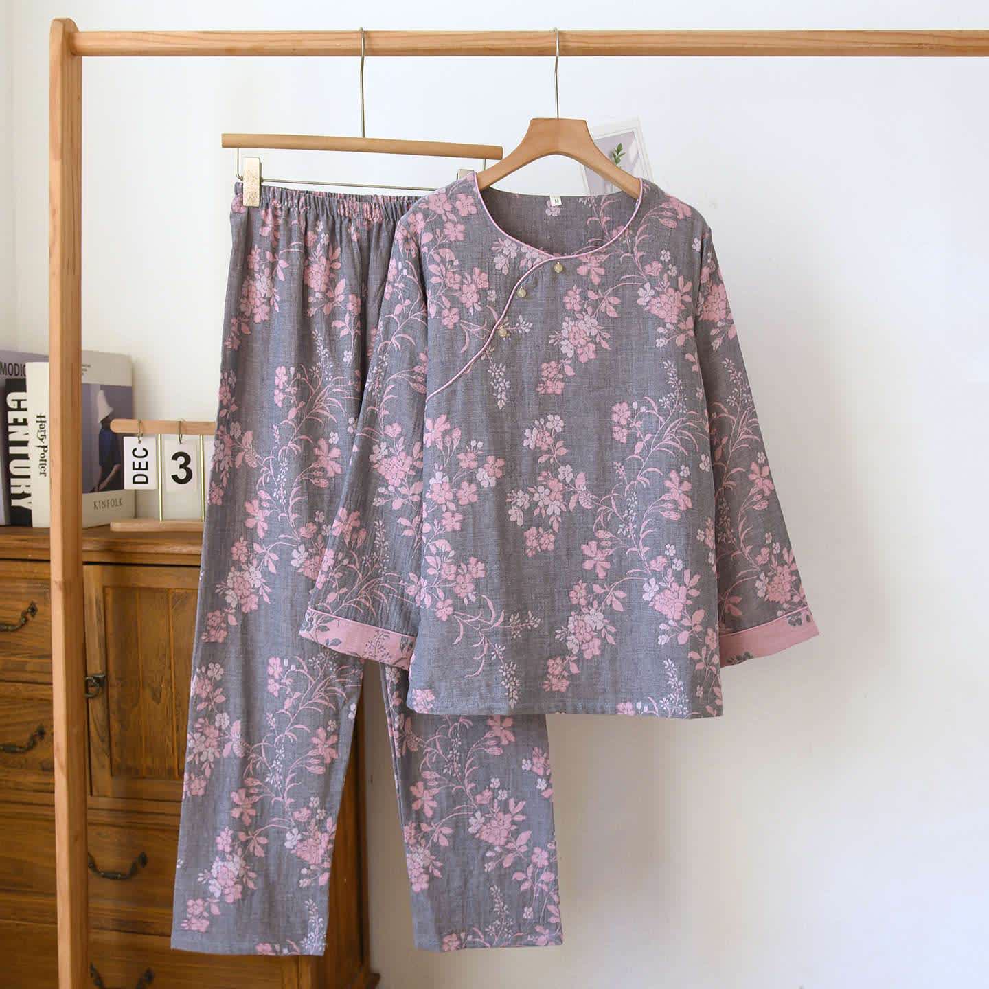 Pyjama en gaze de coton à motif jacquard de fleurs de prunier - Gris - XL - image 15