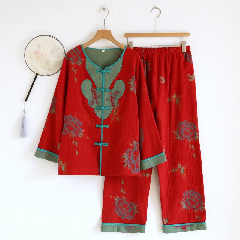 Ensemble pyjama en coton style pivoine orientale - Rouge - XL - image 14