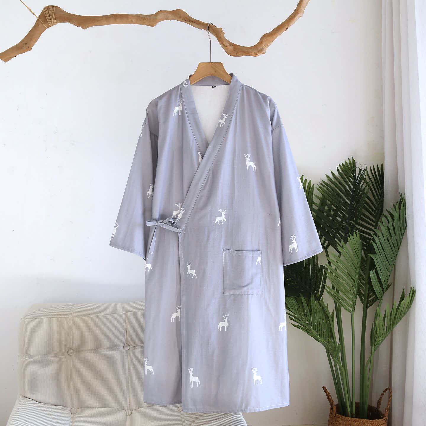 Peignoir de style kimono en gaze de coton à motif de cerf pour couples - Bleu - L - image 11
