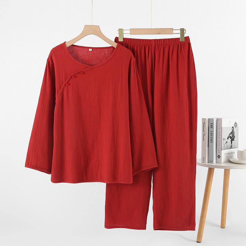 Ensemble pyjama minimaliste en coton rouge pour couples - Cou asymétrique - Rouge - Femme : XL - image 3