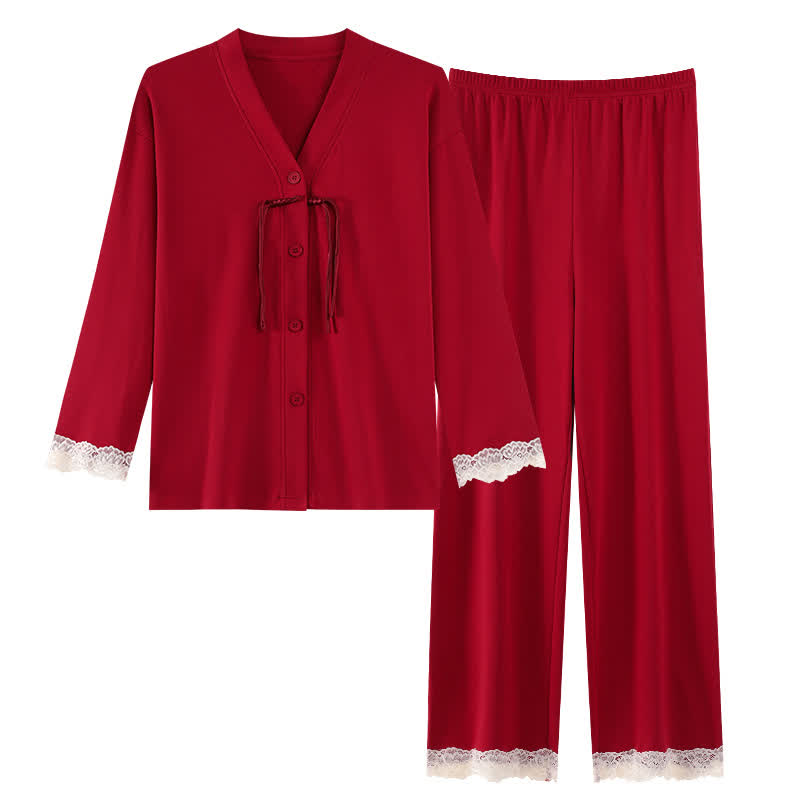 Ensemble pyjama vintage en coton pour couples avec col en V - image 4