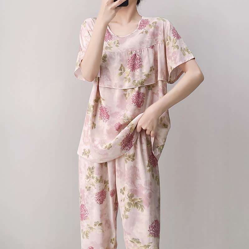 Ensemble pyjama rose à col rond et motif chrysanthème - image 4