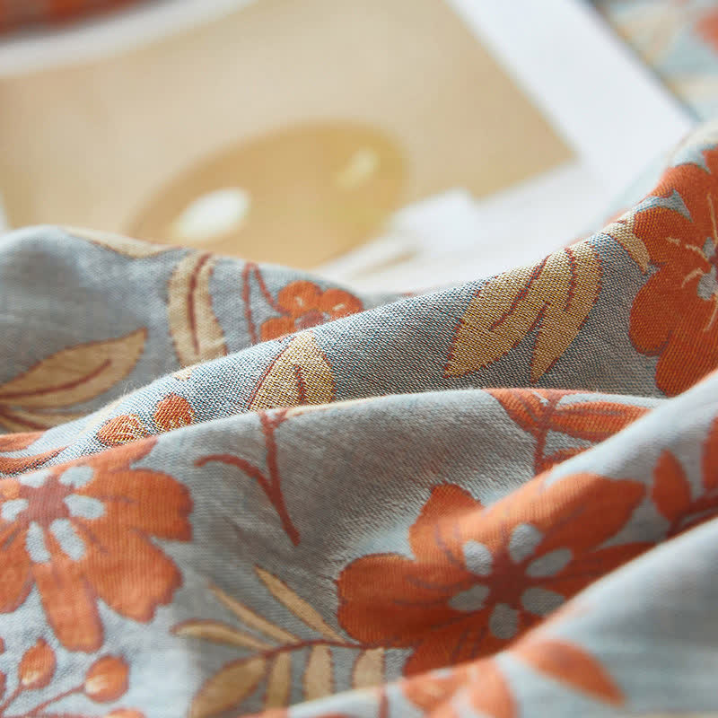 Linge de lit en double gaze de coton orange à motif floral - image 7