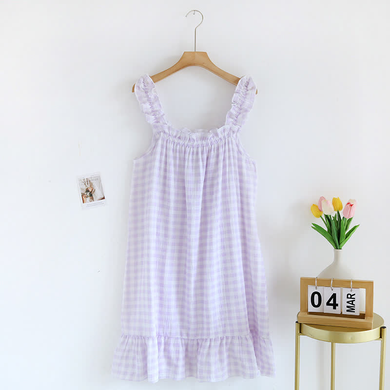 Chemise de nuit en coton à volants et à carreaux vichy - Violet - XL - image 10