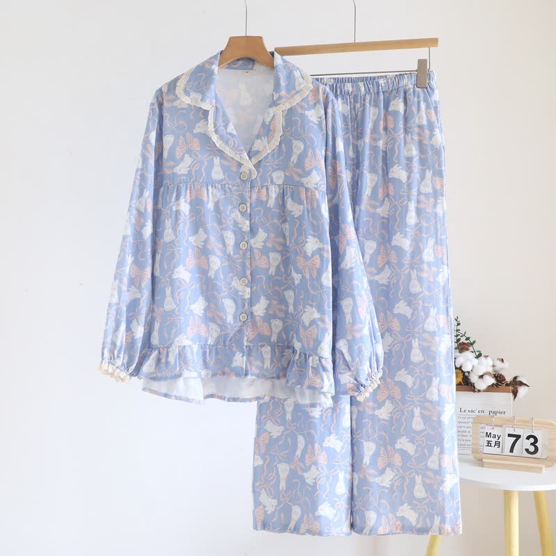 Ensemble pyjama en gaze de coton à motif lapin et nœud. - Bleu - XL - image 0