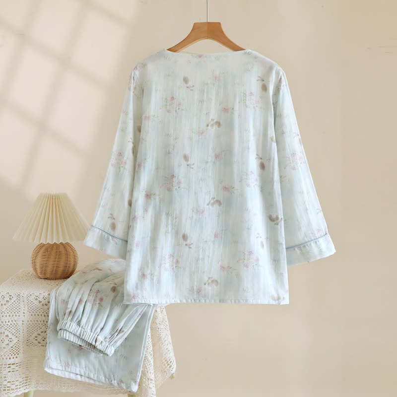 Ensemble pyjama élégant en gaze de coton à motifs de lapins et de fleurs - image 2