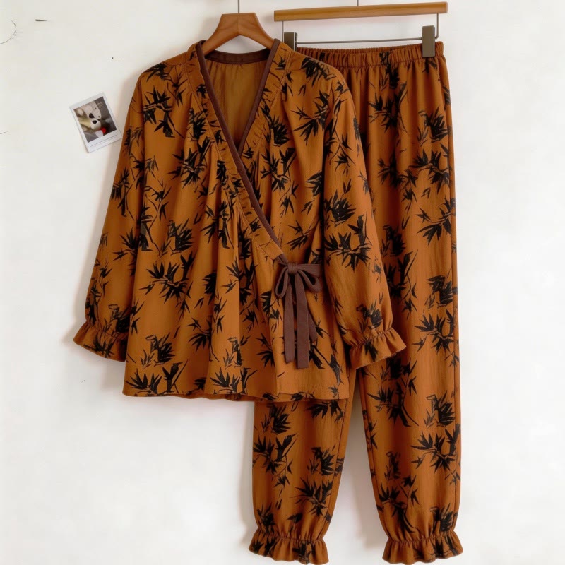 Ensemble pyjama à col volanté et motif de feuilles - image 8