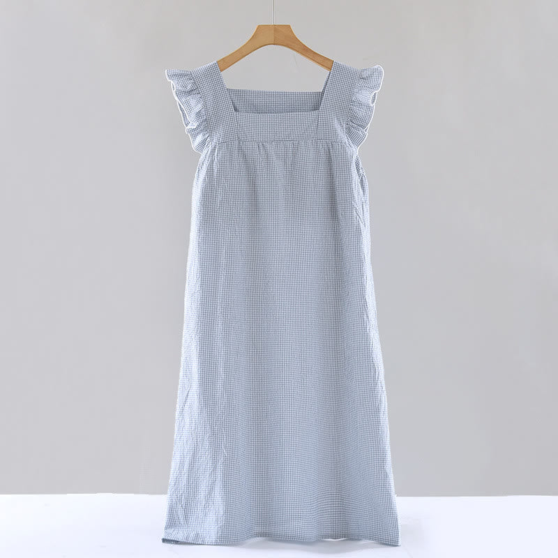Chemise de nuit en coton à carreaux vichy et manches flottantes - Bleu - XL - image 10