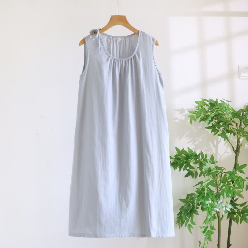 Chemise de nuit minimaliste, unie et sans manches, en coton - Bleu - XL - image 16