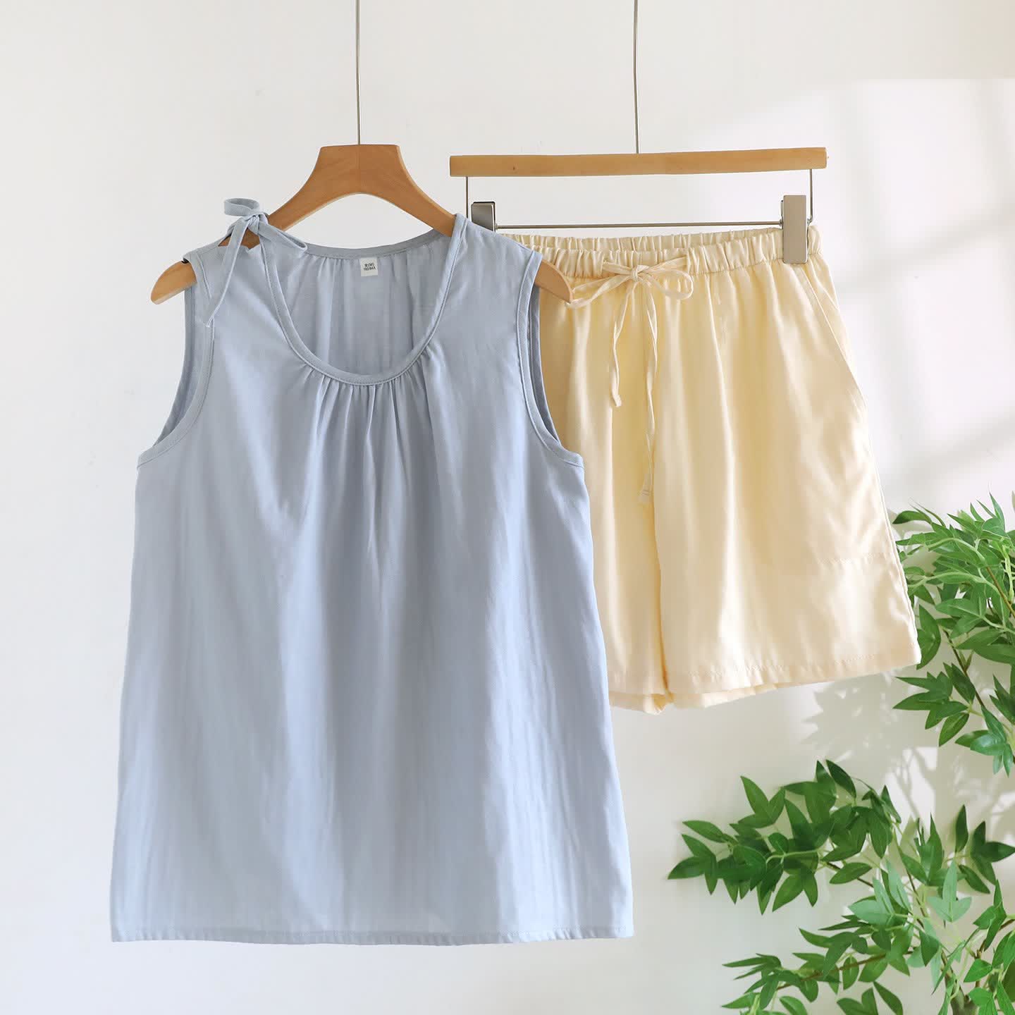 Pyjama sans manches en gaze de coton double épaisseur - Bleu et beige - XL - image 10