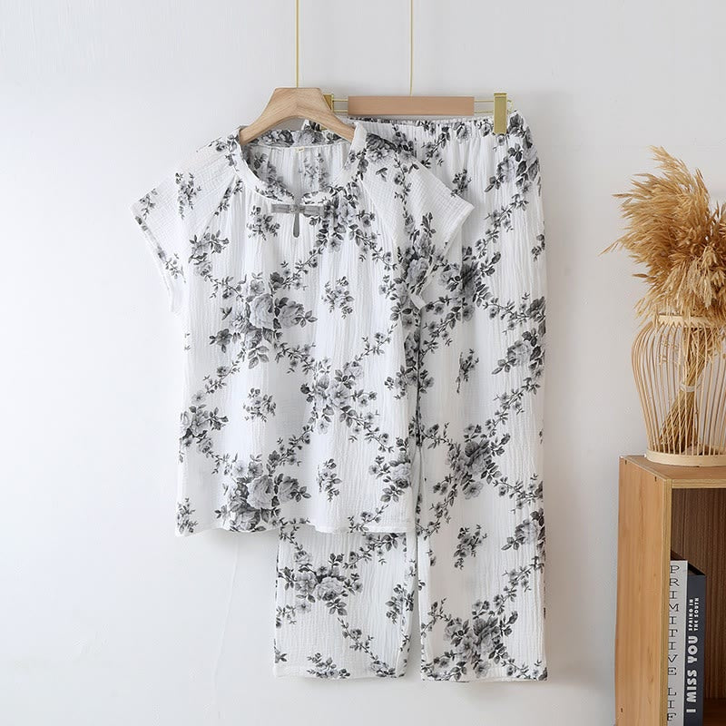 Ensemble de pyjama vintage en gaze de coton à motif pivoine - Gris - XL - image 9