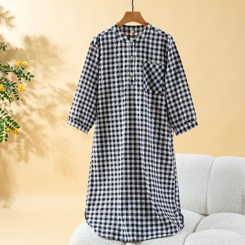 Chemise de nuit classique à carreaux en pur coton - Noir - XL - image 15