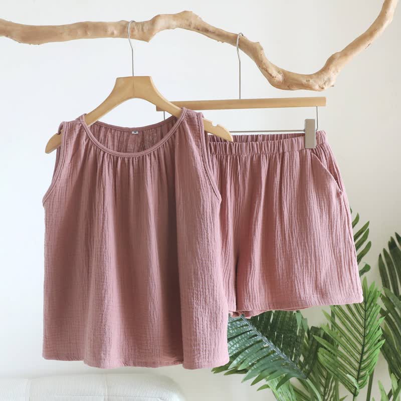 Ensemble composé d'un débardeur et d'un short en tissu de coton double épaisseur - Rose - XL - image 13