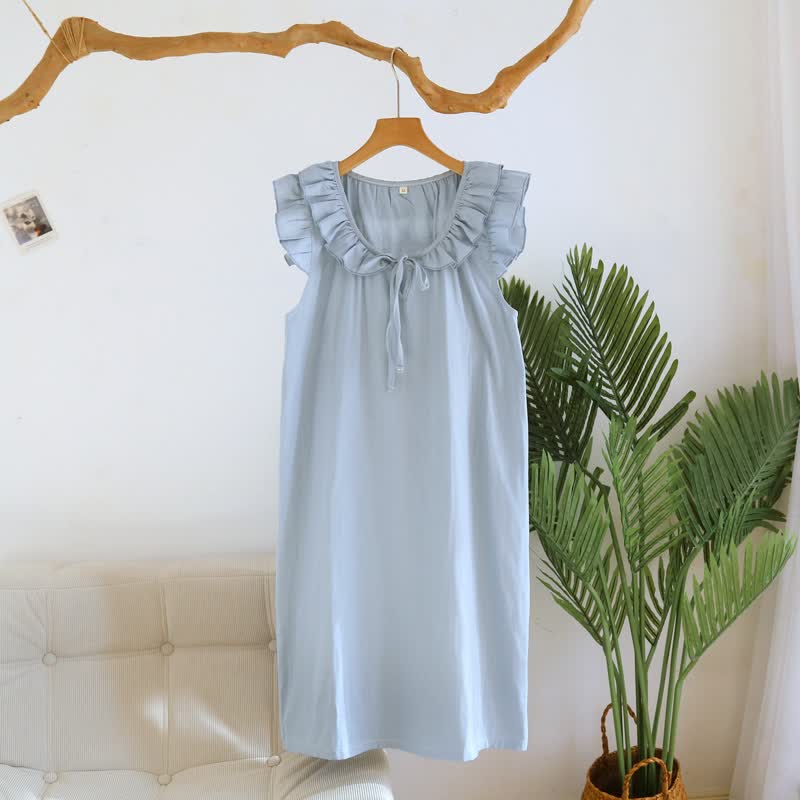 Chemise de nuit en gaze de coton à manches simples et flottantes - Bleu - XL - image 14