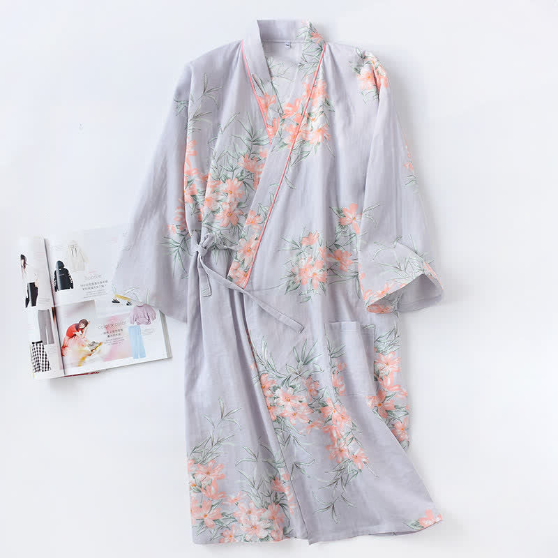 Peignoir de style kimono en gaze de coton rose à motif floral - Bleu - L - image 10