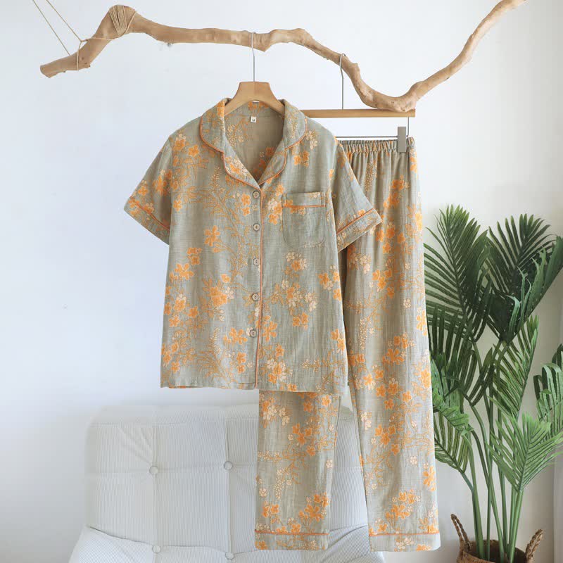 Ensemble pyjama en pur coton à motif de branches et de fleurs - Vert - XL - image 16