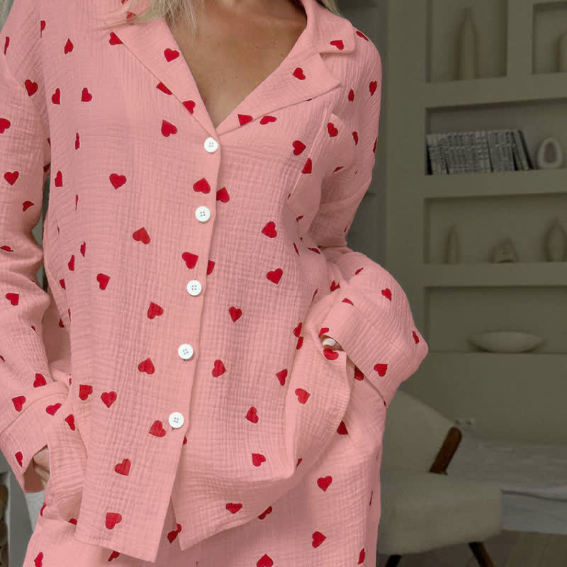 Ensemble pyjama en coton à motif cœur rouge - Rose - XL - image 6
